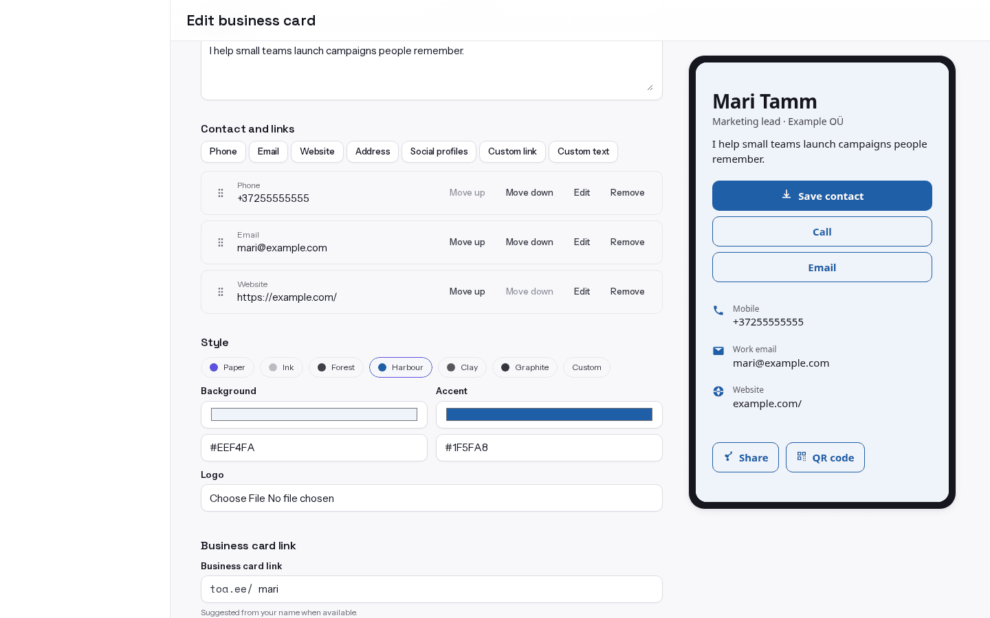 Business card editor Style tab with the six ready-made styles and the Harbour style selected