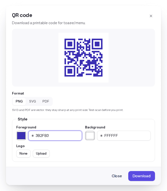 toa.ee QR code dialog for a short link on Pro, with foreground and background colour fields and PNG, SVG and PDF downloads
